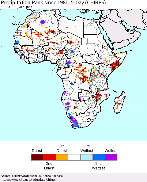 Africa Precipitation Rank since 1981, 5-Day (CHIRPS) Thematic Map For 7/26/2023 - 7/31/2023