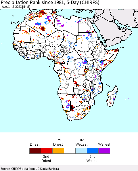 Africa Precipitation Rank since 1981, 5-Day (CHIRPS) Thematic Map For 8/1/2023 - 8/5/2023