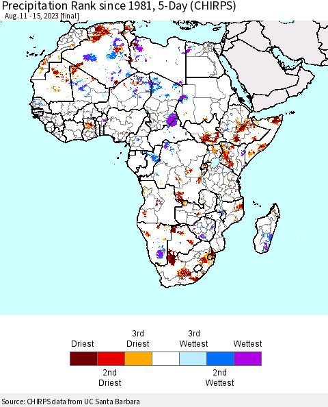 Africa Precipitation Rank since 1981, 5-Day (CHIRPS) Thematic Map For 8/11/2023 - 8/15/2023