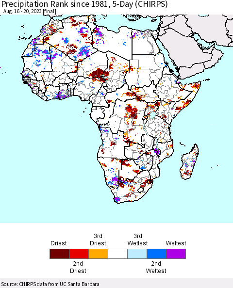 Africa Precipitation Rank since 1981, 5-Day (CHIRPS) Thematic Map For 8/16/2023 - 8/20/2023
