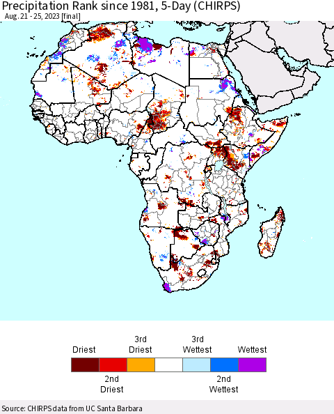 Africa Precipitation Rank since 1981, 5-Day (CHIRPS) Thematic Map For 8/21/2023 - 8/25/2023