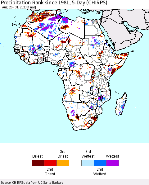 Africa Precipitation Rank since 1981, 5-Day (CHIRPS) Thematic Map For 8/26/2023 - 8/31/2023