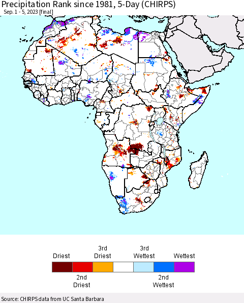 Africa Precipitation Rank since 1981, 5-Day (CHIRPS) Thematic Map For 9/1/2023 - 9/5/2023
