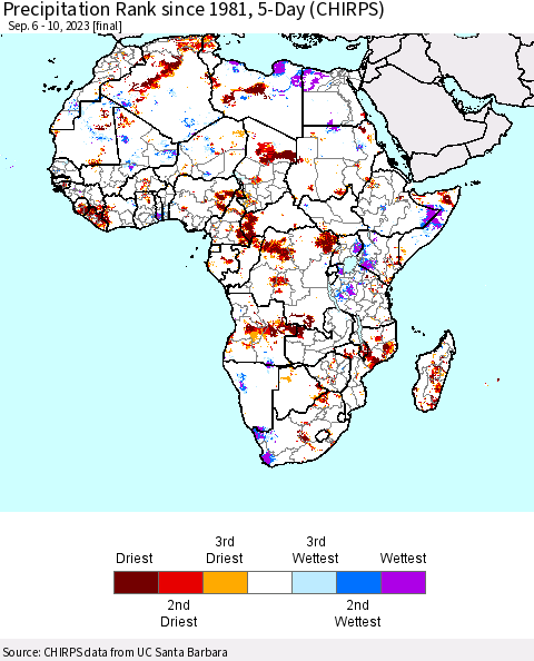 Africa Precipitation Rank since 1981, 5-Day (CHIRPS) Thematic Map For 9/6/2023 - 9/10/2023
