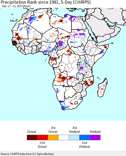 Africa Precipitation Rank since 1981, 5-Day (CHIRPS) Thematic Map For 9/11/2023 - 9/15/2023