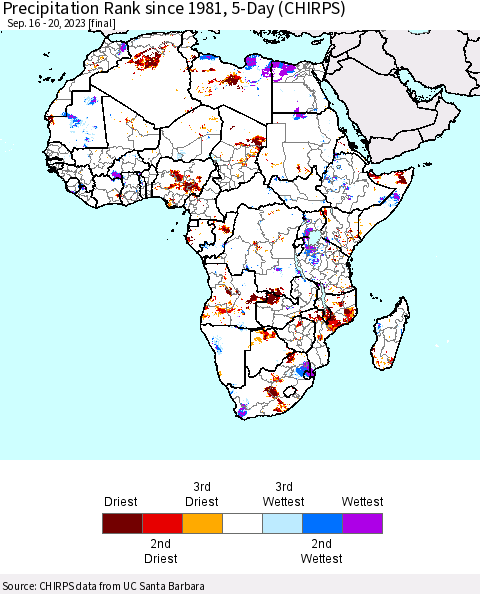 Africa Precipitation Rank since 1981, 5-Day (CHIRPS) Thematic Map For 9/16/2023 - 9/20/2023