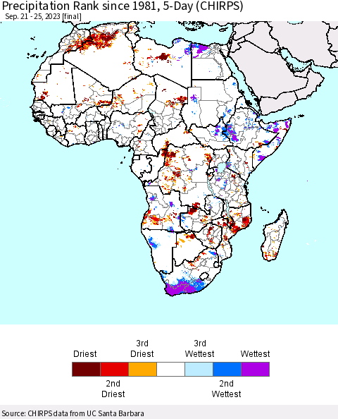 Africa Precipitation Rank since 1981, 5-Day (CHIRPS) Thematic Map For 9/21/2023 - 9/25/2023