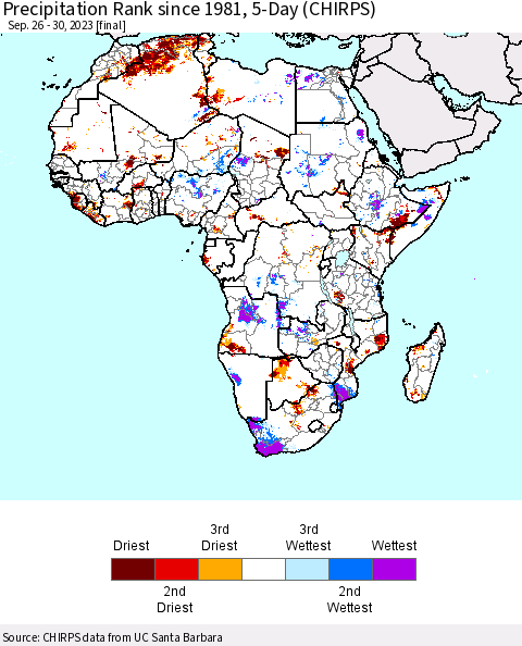 Africa Precipitation Rank since 1981, 5-Day (CHIRPS) Thematic Map For 9/26/2023 - 9/30/2023