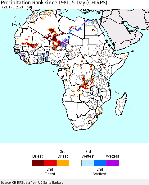 Africa Precipitation Rank since 1981, 5-Day (CHIRPS) Thematic Map For 10/1/2023 - 10/5/2023