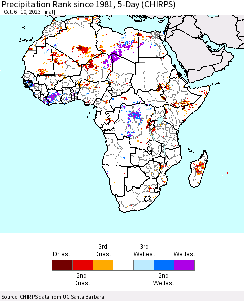 Africa Precipitation Rank since 1981, 5-Day (CHIRPS) Thematic Map For 10/6/2023 - 10/10/2023