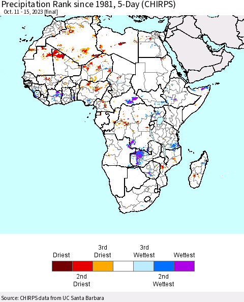 Africa Precipitation Rank since 1981, 5-Day (CHIRPS) Thematic Map For 10/11/2023 - 10/15/2023