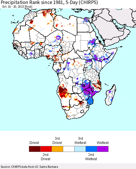 Africa Precipitation Rank since 1981, 5-Day (CHIRPS) Thematic Map For 10/16/2023 - 10/20/2023