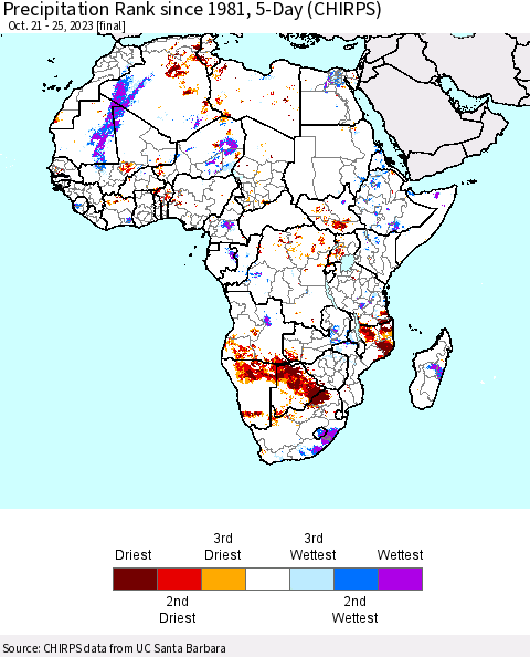 Africa Precipitation Rank since 1981, 5-Day (CHIRPS) Thematic Map For 10/21/2023 - 10/25/2023