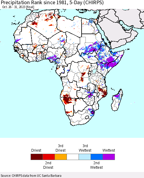 Africa Precipitation Rank since 1981, 5-Day (CHIRPS) Thematic Map For 10/26/2023 - 10/31/2023