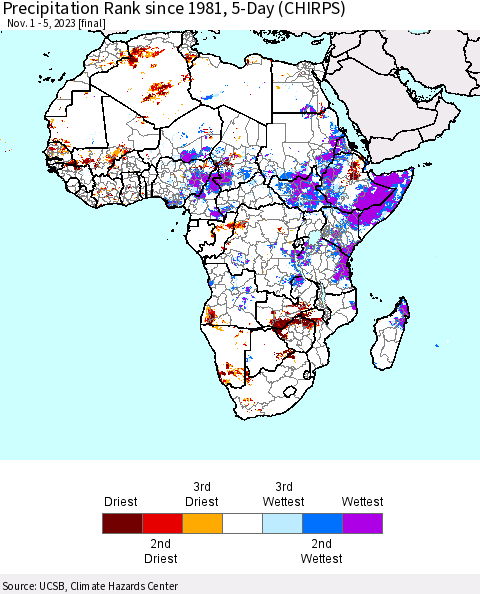 Africa Precipitation Rank since 1981, 5-Day (CHIRPS) Thematic Map For 11/1/2023 - 11/5/2023