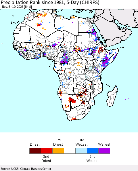 Africa Precipitation Rank since 1981, 5-Day (CHIRPS) Thematic Map For 11/6/2023 - 11/10/2023