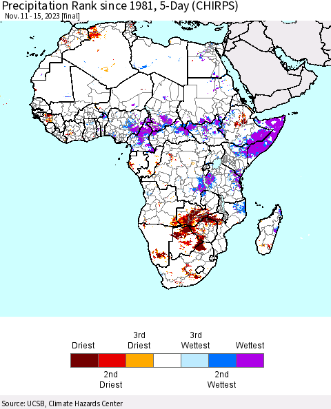 Africa Precipitation Rank since 1981, 5-Day (CHIRPS) Thematic Map For 11/11/2023 - 11/15/2023
