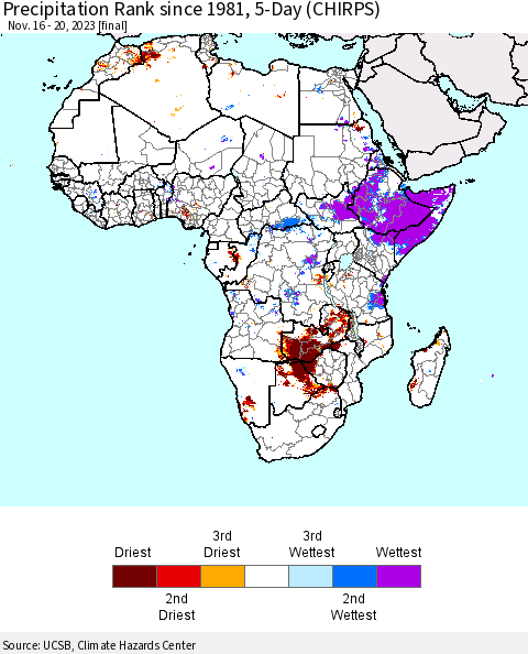 Africa Precipitation Rank since 1981, 5-Day (CHIRPS) Thematic Map For 11/16/2023 - 11/20/2023