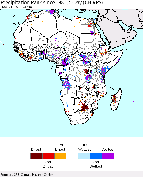 Africa Precipitation Rank since 1981, 5-Day (CHIRPS) Thematic Map For 11/21/2023 - 11/25/2023