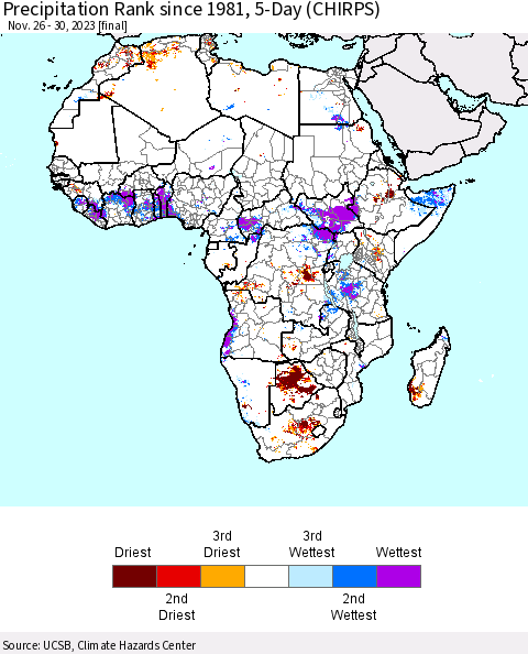 Africa Precipitation Rank since 1981, 5-Day (CHIRPS) Thematic Map For 11/26/2023 - 11/30/2023