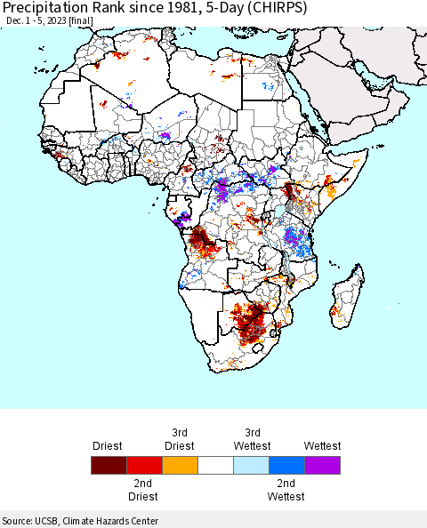 Africa Precipitation Rank since 1981, 5-Day (CHIRPS) Thematic Map For 12/1/2023 - 12/5/2023