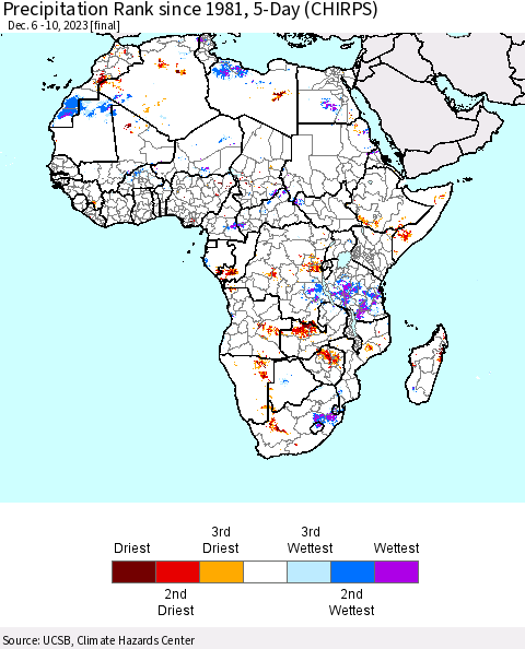 Africa Precipitation Rank since 1981, 5-Day (CHIRPS) Thematic Map For 12/6/2023 - 12/10/2023