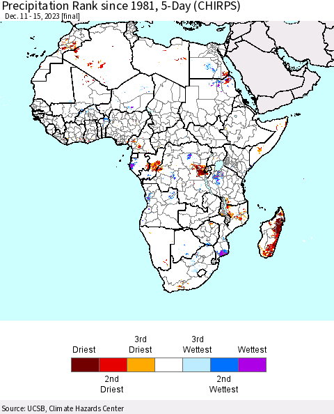 Africa Precipitation Rank since 1981, 5-Day (CHIRPS) Thematic Map For 12/11/2023 - 12/15/2023
