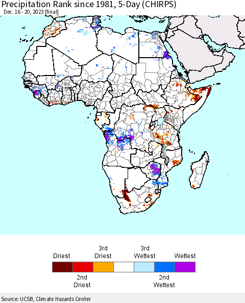 Africa Precipitation Rank since 1981, 5-Day (CHIRPS) Thematic Map For 12/16/2023 - 12/20/2023