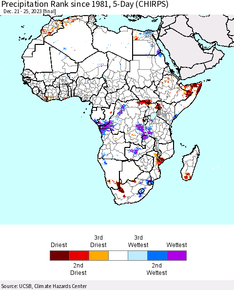 Africa Precipitation Rank since 1981, 5-Day (CHIRPS) Thematic Map For 12/21/2023 - 12/25/2023