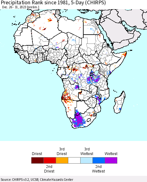 Africa Precipitation Rank since 1981, 5-Day (CHIRPS) Thematic Map For 12/26/2023 - 12/31/2023