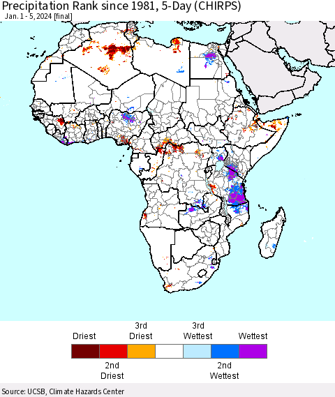Africa Precipitation Rank since 1981, 5-Day (CHIRPS) Thematic Map For 1/1/2024 - 1/5/2024