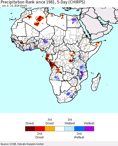 Africa Precipitation Rank since 1981, 5-Day (CHIRPS) Thematic Map For 1/6/2024 - 1/10/2024