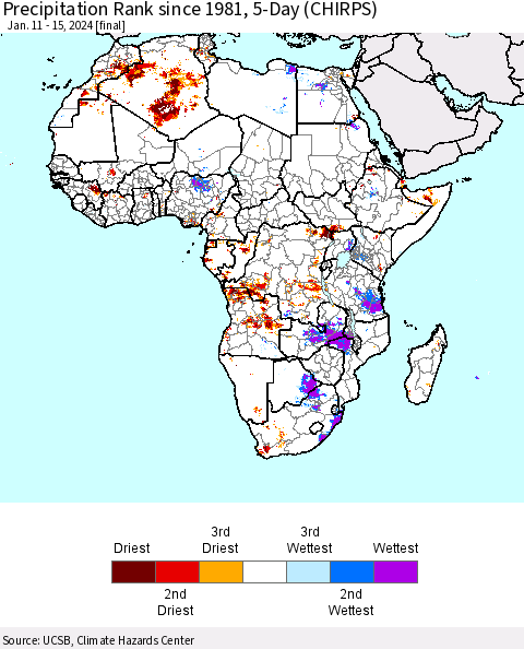 Africa Precipitation Rank since 1981, 5-Day (CHIRPS) Thematic Map For 1/11/2024 - 1/15/2024