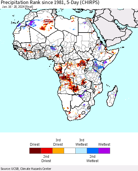 Africa Precipitation Rank since 1981, 5-Day (CHIRPS) Thematic Map For 1/16/2024 - 1/20/2024