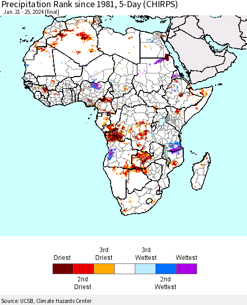 Africa Precipitation Rank since 1981, 5-Day (CHIRPS) Thematic Map For 1/21/2024 - 1/25/2024