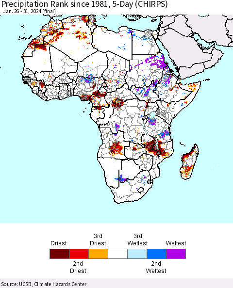 Africa Precipitation Rank since 1981, 5-Day (CHIRPS) Thematic Map For 1/26/2024 - 1/31/2024