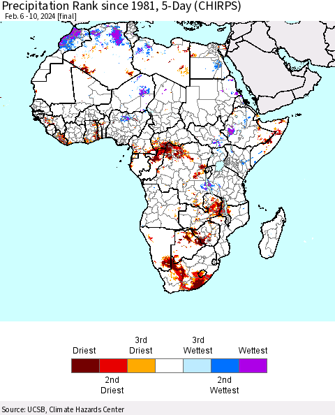 Africa Precipitation Rank since 1981, 5-Day (CHIRPS) Thematic Map For 2/6/2024 - 2/10/2024