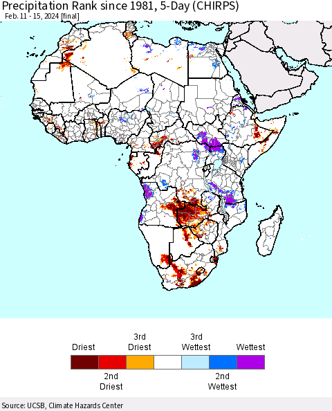 Africa Precipitation Rank since 1981, 5-Day (CHIRPS) Thematic Map For 2/11/2024 - 2/15/2024