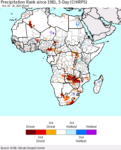 Africa Precipitation Rank since 1981, 5-Day (CHIRPS) Thematic Map For 2/16/2024 - 2/20/2024