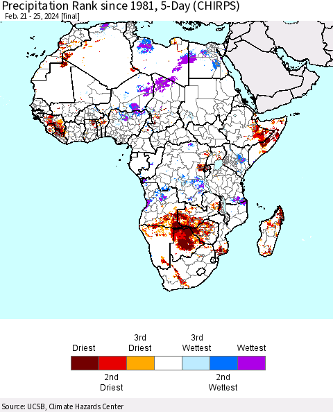 Africa Precipitation Rank since 1981, 5-Day (CHIRPS) Thematic Map For 2/21/2024 - 2/25/2024