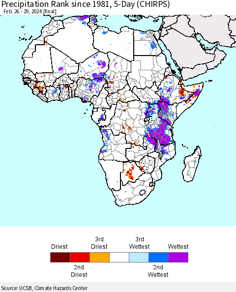 Africa Precipitation Rank since 1981, 5-Day (CHIRPS) Thematic Map For 2/26/2024 - 2/29/2024