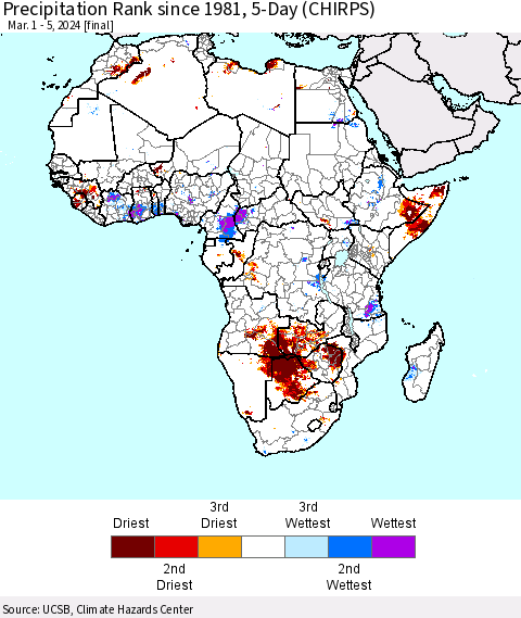 Africa Precipitation Rank since 1981, 5-Day (CHIRPS) Thematic Map For 3/1/2024 - 3/5/2024