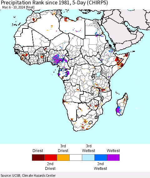 Africa Precipitation Rank since 1981, 5-Day (CHIRPS) Thematic Map For 3/6/2024 - 3/10/2024