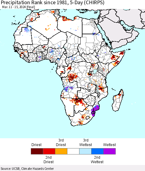 Africa Precipitation Rank since 1981, 5-Day (CHIRPS) Thematic Map For 3/11/2024 - 3/15/2024