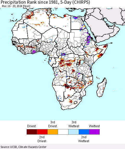 Africa Precipitation Rank since 1981, 5-Day (CHIRPS) Thematic Map For 3/16/2024 - 3/20/2024