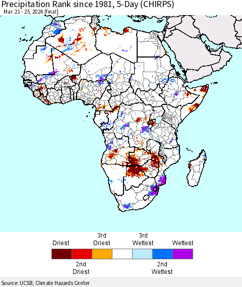 Africa Precipitation Rank since 1981, 5-Day (CHIRPS) Thematic Map For 3/21/2024 - 3/25/2024