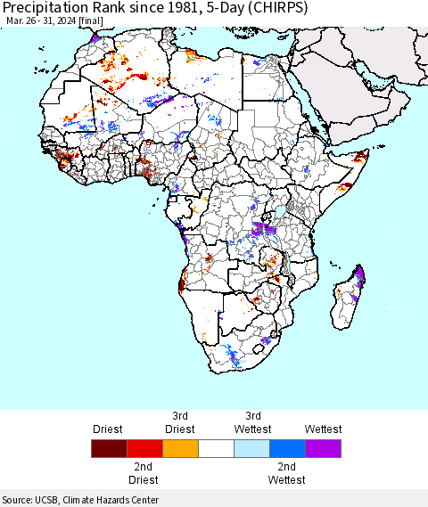 Africa Precipitation Rank since 1981, 5-Day (CHIRPS) Thematic Map For 3/26/2024 - 3/31/2024