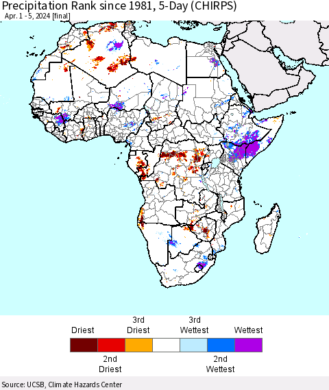 Africa Precipitation Rank since 1981, 5-Day (CHIRPS) Thematic Map For 4/1/2024 - 4/5/2024