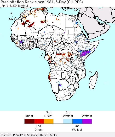 Africa Precipitation Rank since 1981, 5-Day (CHIRPS) Thematic Map For 4/1/2024 - 4/5/2024