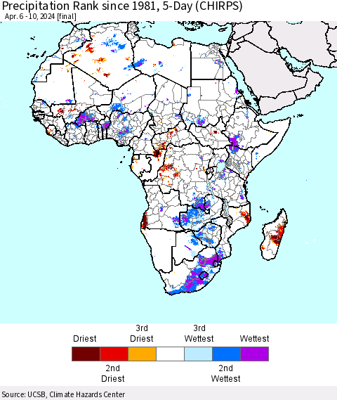 Africa Precipitation Rank since 1981, 5-Day (CHIRPS) Thematic Map For 4/6/2024 - 4/10/2024